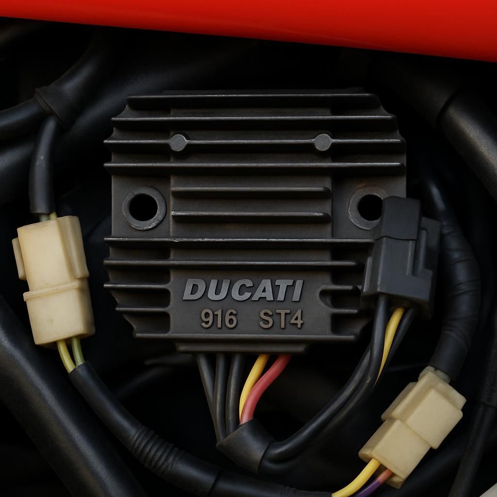 Découvrez l'emplacement précis du régulateur de tension sur une Ducati 916 ST4 de 2000. Guide détaillé pour localiser et accéder facilement à cette pièce essentielle, avec conseils pratiques pour l’entretien de votre moto.