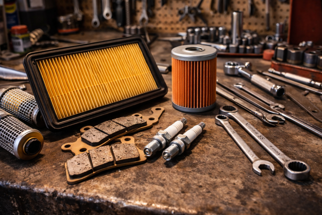 outils et pièces de moto sur établi