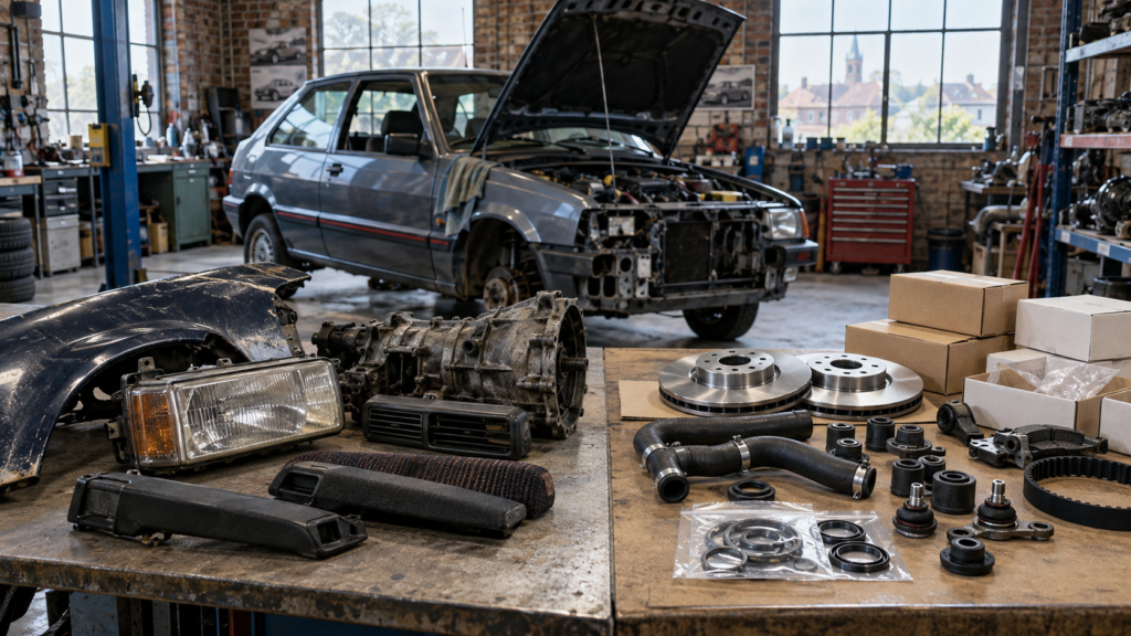 Pièces détachées d’occasion et neuves dans un atelier de restauration de voiture ancienne